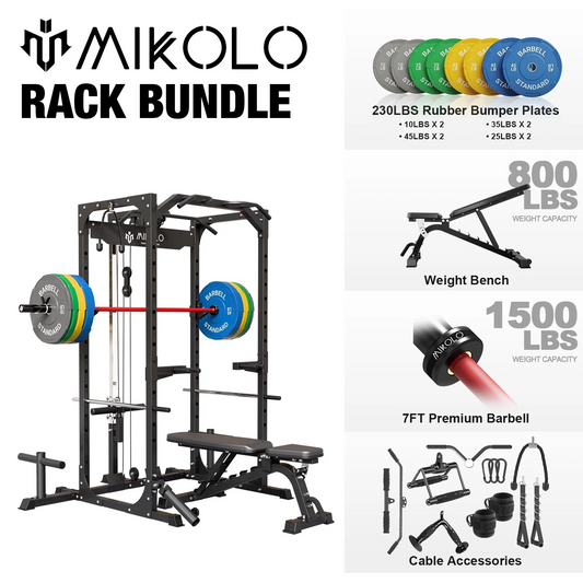 Mikolo Power Rack Cage, 1200LBS Weight Cage with 800LB Capacity Adjustable Weight Bench, 1500LB Capacity Barbell and 230LB Weight Plate set