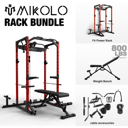 Mikolo Power Rack Cage with LAT Pulldown System,1200 lbs Capacity Power Rack with 800 lbs Capacity Weight Bench and 1500 lbs Capacity Barbell Combo (Upgraded)