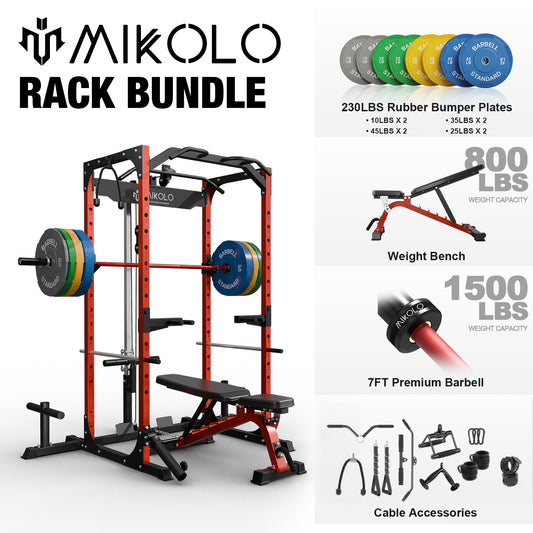 Mikolo Power Rack Cage with LAT Pulldown System,1200 lbs Capacity Power Rack with 800 lbs Capacity Weight Bench and 1500 lbs Capacity Barbell Combo (Upgraded)