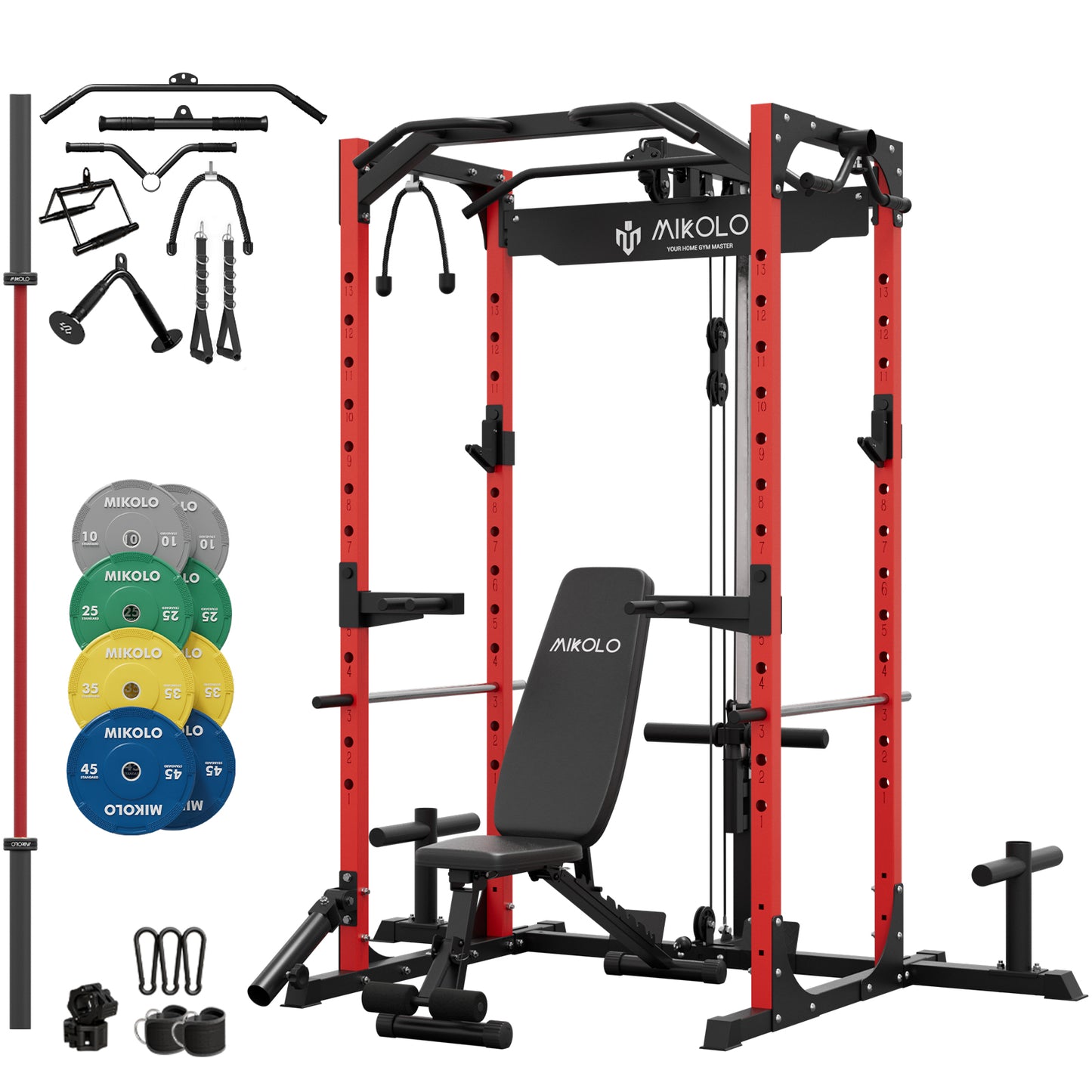 Mikolo Power Rack Cage with LAT Pulldown System,1200 lbs Capacity Power Rack with 800 lbs Capacity Weight Bench and 1500 lbs Capacity Barbell Combo (R230)