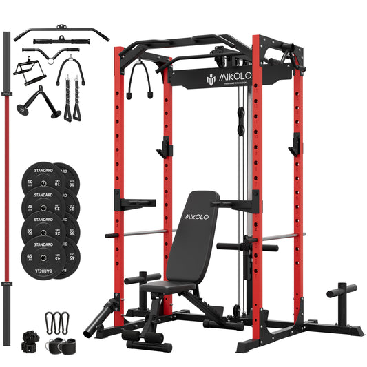 Mikolo Power Rack Cage with LAT Pulldown System,1200 lbs Capacity Power Rack with 800 lbs Capacity Weight Bench and 1500 lbs Capacity Barbell Combo (R230B)