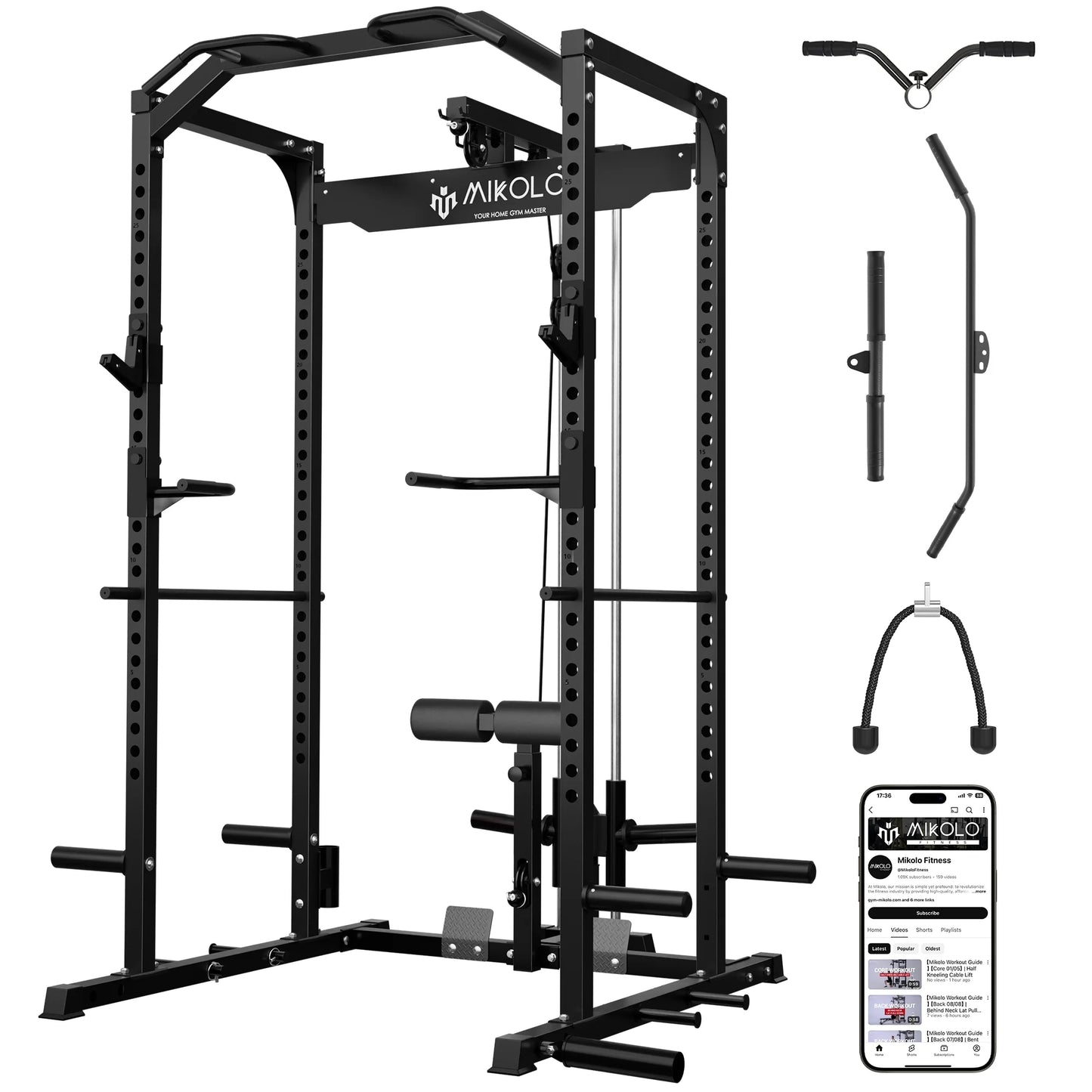 Mikolo Multi-Functional Squat Rack with LAT Pulldown System Exercise Power Cages, Metal Black