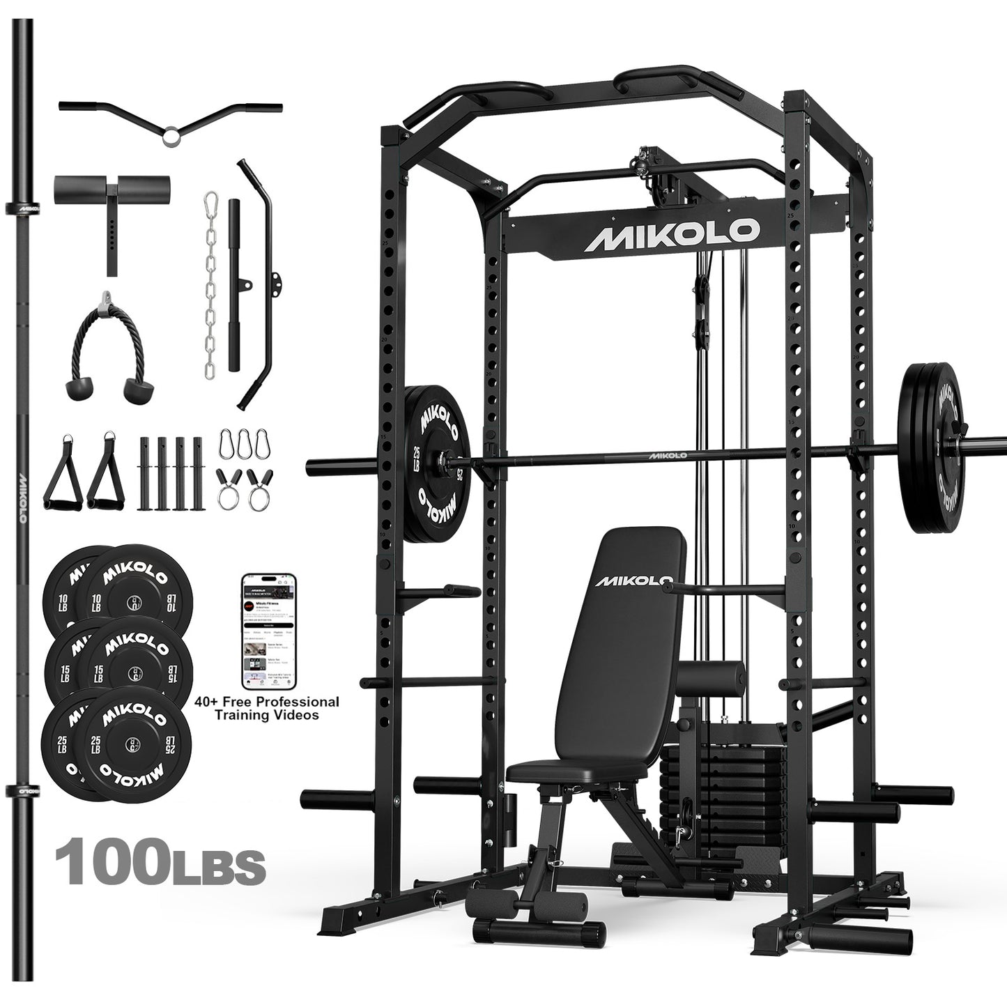 Mikolo Power Cage with Weight Stack Multi-Function Power Rack for Home Gym, 1500LBS Squat Rack for Strength Training, 230LB Plates package Red