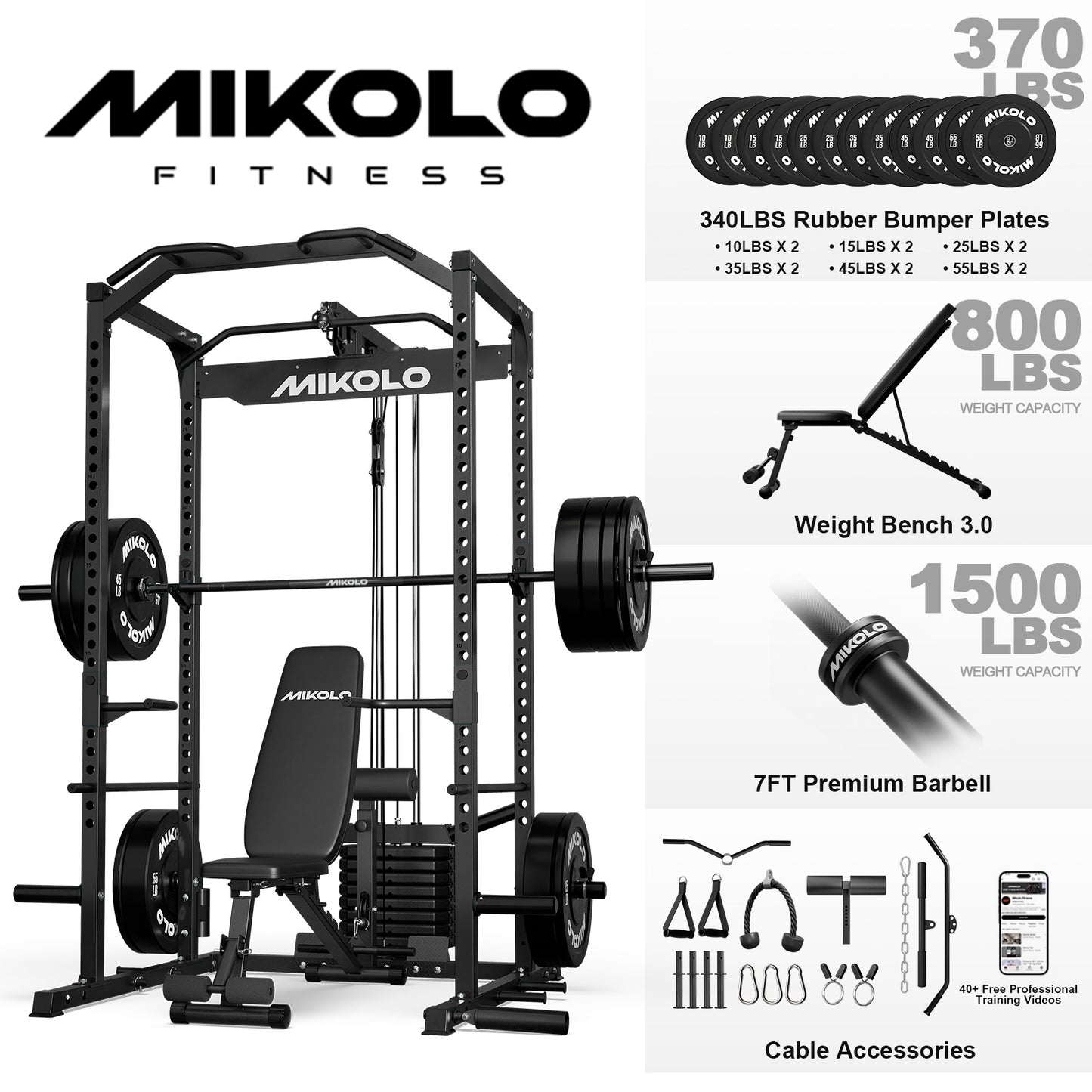 Mikolo Power Cage with Weight Stack Multi-Function Power Rack for Home Gym, Squat Rack, Cable Crossover System, for Strength Training, Red