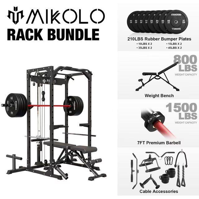 Mikolo Power Rack Cage, 1200LBS Weight Cage with 800LB Capacity Adjustable Weight Bench, 1500LB Capacity Barbell and 230LB Black Plate set