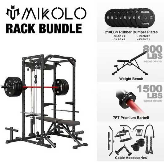 Mikolo Power Rack Cage, 1200LBS Weight Cage with 800LB Capacity Adjustable Weight Bench, 1500LB Capacity Barbell and 230LB Black Plate set