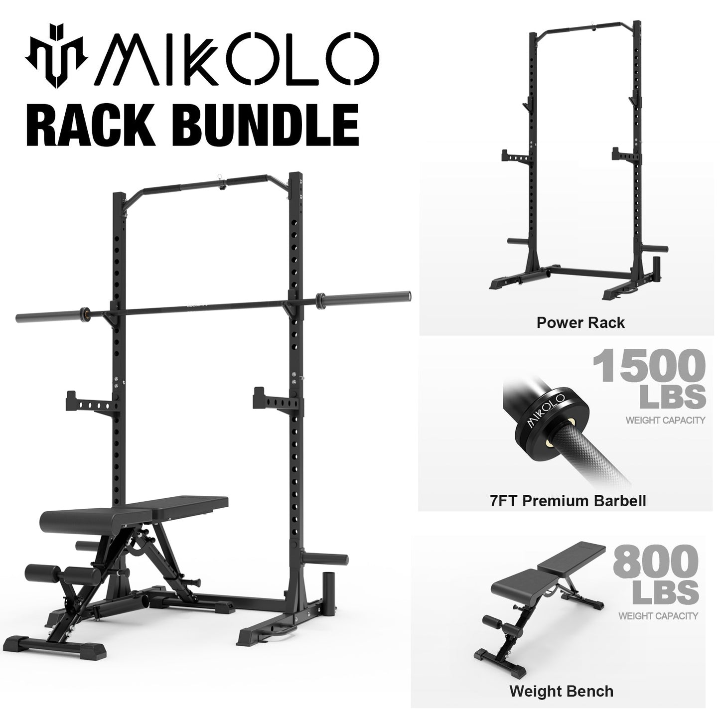 Mikolo Power Rack with Pull-Up Bar, Multi-Functional Half Squat Rack with Land Mine,Adjustable Width, Suitable for 6/ 7FT Barbell for Home Gym