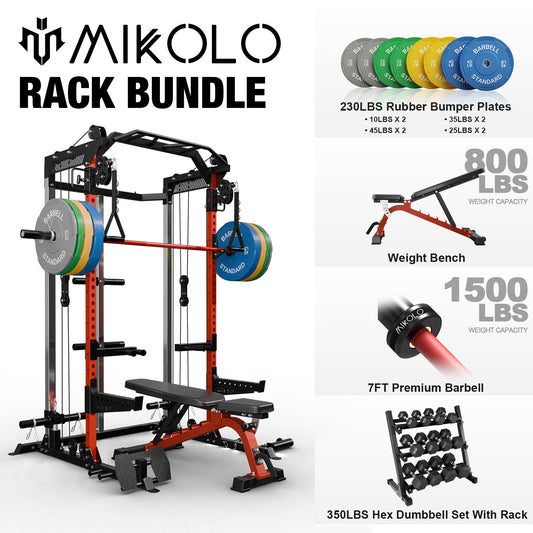 Mikolo Power Cage, Squat Rack with Dual Pulley Cable Crossover System, Multifunction Free Weight Home Gym Workout Machine with Attachments Red Dumbbell Set