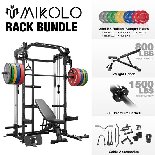 Mikolo Power Cage, Squat Rack with Dual Pulley Cable Crossover System, Multifunction Free Weight Home Gym Workout Machine with 340 Plate Set