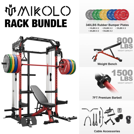 Mikolo Power Cage, Squat Rack with Dual Pulley Cable Crossover System, Multifunction Free Weight Home Gym Workout Machine with 340LB Plate Set Red