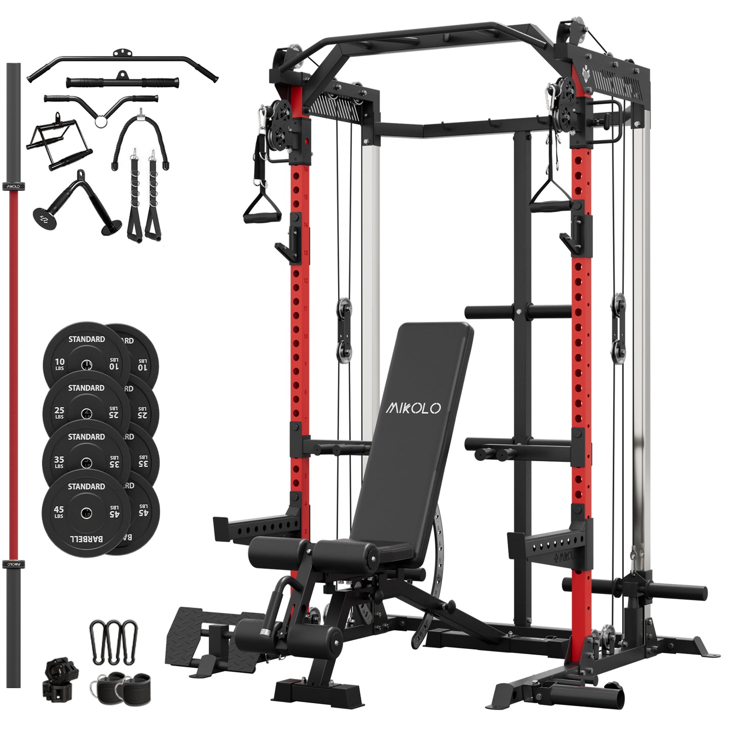 Mikolo Power Cage, Squat Rack With Dual Pulley Cable Crossover System, Multifunction Free Weight Home Gym Workout Machine With Attachments Set(R230B)