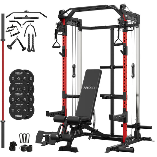 Mikolo Power Cage, Squat Rack With Dual Pulley Cable Crossover System, Multifunction Free Weight Home Gym Workout Machine With Attachments Set(R230B)