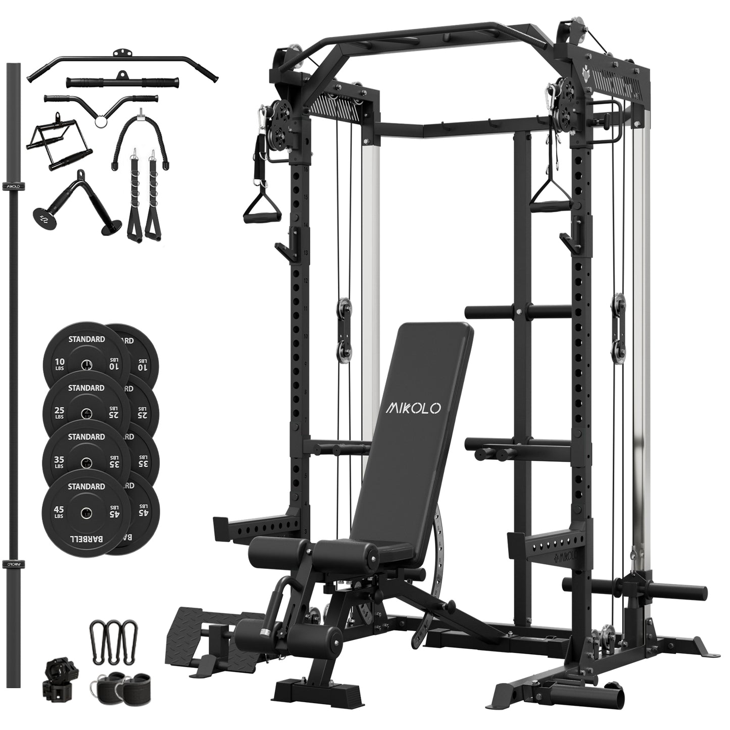 Mikolo Power Cage, Squat Rack With Dual Pulley Cable Crossover System, Multifunction Free Weight Home Gym Workout Machine With Attachments Set(B230B)