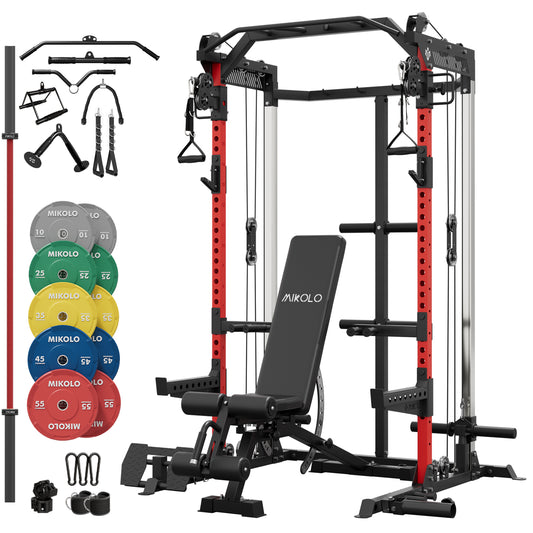 Mikolo Power Cage, Squat Rack with Dual Pulley Cable Crossover System, Multifunction Free Weight Home Gym Workout Machine with 340LB Plate Set Red(R340)