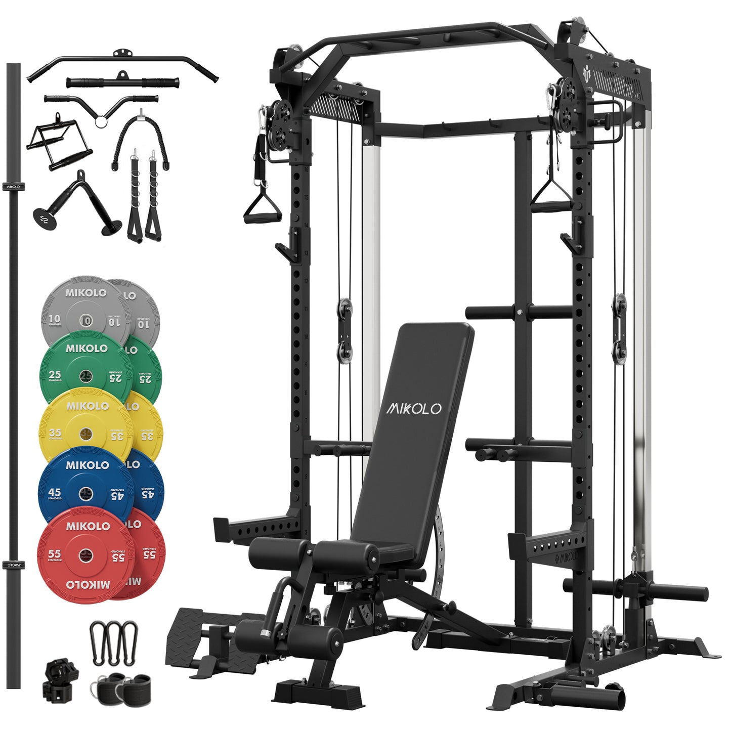 Mikolo Power Cage, Squat Rack with Dual Pulley Cable Crossover System, Multifunction Free Weight Home Gym Workout Machine with 340 Plate Set(B340)