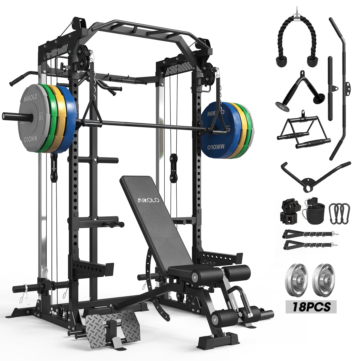Mikolo Power Cage, Squat Rack with Dual Pulley Cable Crossover System, Multifunction Free Weight Home Gym Workout Machine with 230 Plate Set Aluminum Pulleys
