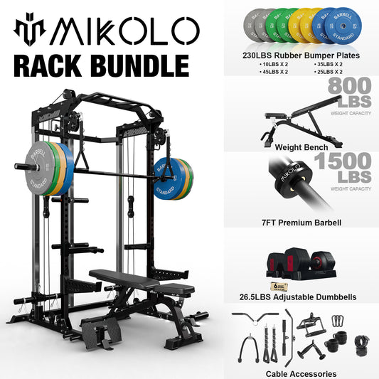 Mikolo Power Cage, Squat Rack W/ Dual Pulley Cable Crossover System, Multifunction Weight Home Gym Workout Machine W/ Attachments Black 26.5LBS Adjustable Dumbbells Combo