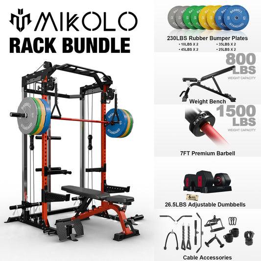 Mikolo Power Cage, Squat Rack W/ Dual Pulley Cable Crossover System, Multifunction Weight Home Gym Workout Machine W/ Attachments Red 26.5LBS Adjustable Dumbbells Combo