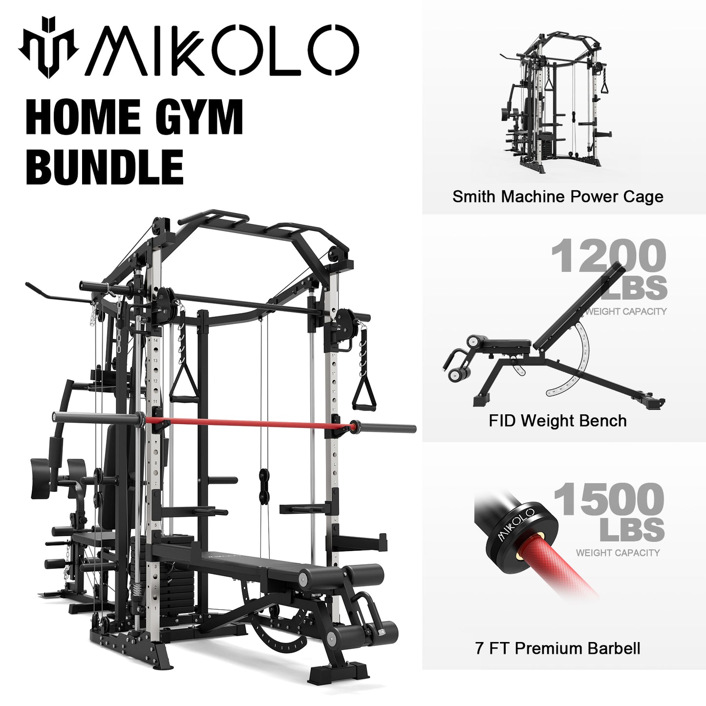 Mikolo Smith Machine Power Cage, Multi-Function Home Gym System with Cable Crossover, 121LB Weight Stack