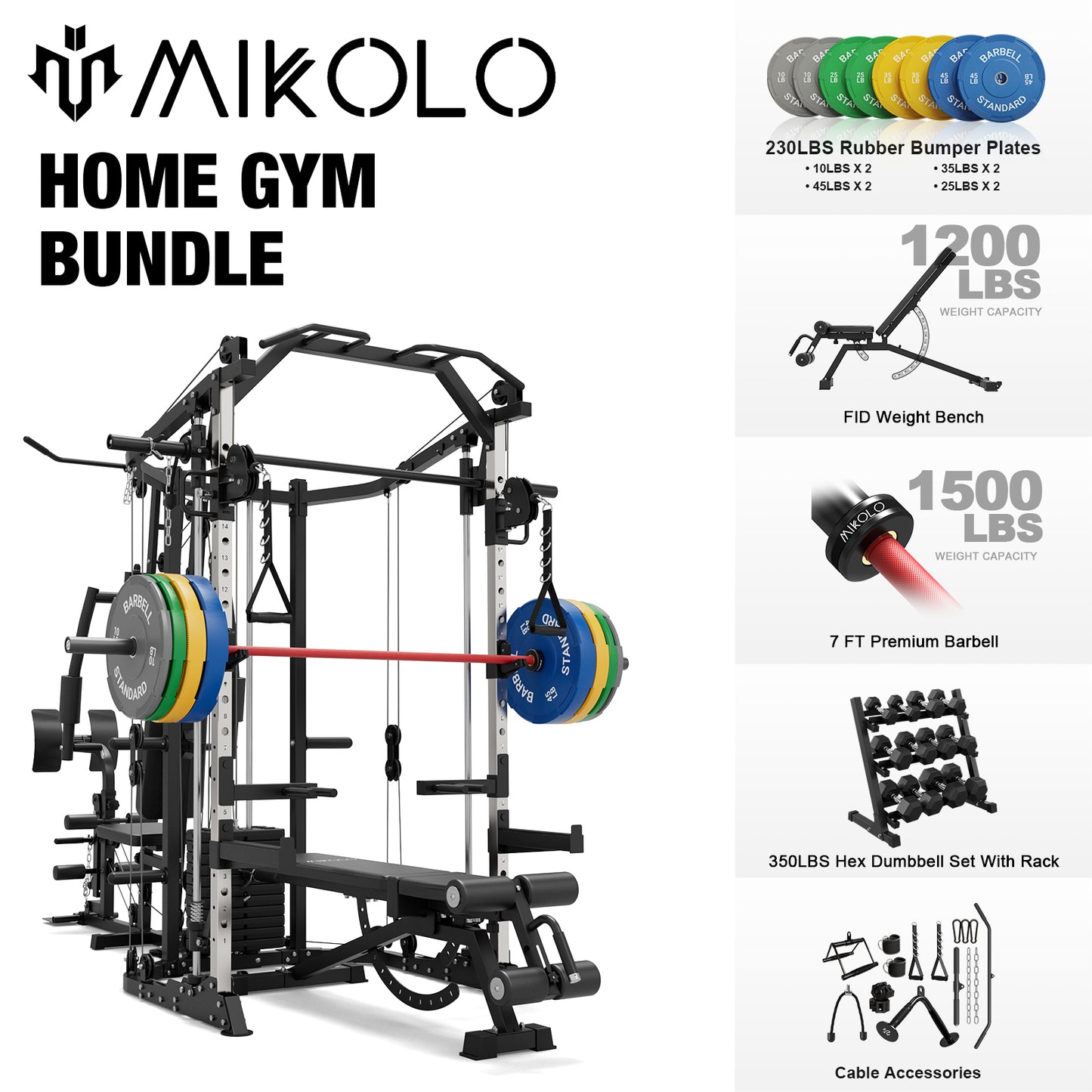 Mikolo Smith Machine Power Cage, Multi-Function Home Gym System with Cable Crossover, 121LB Weight Stack