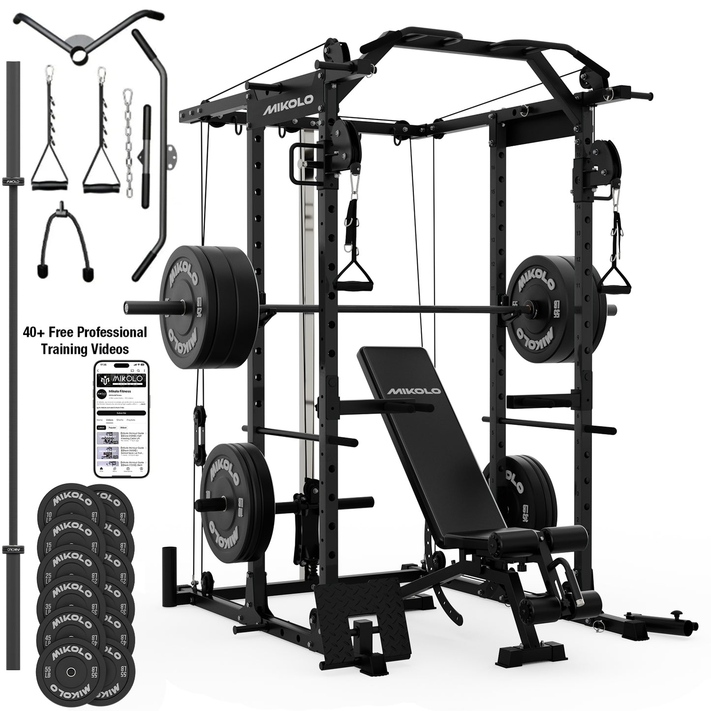 Mikolo Power Rack Cage, 1500LBS Weight Cage with 800LB Capacity Adjustable Weight Bench, 1500LB Capacity Barbell and 230LB Weight Plate set Red