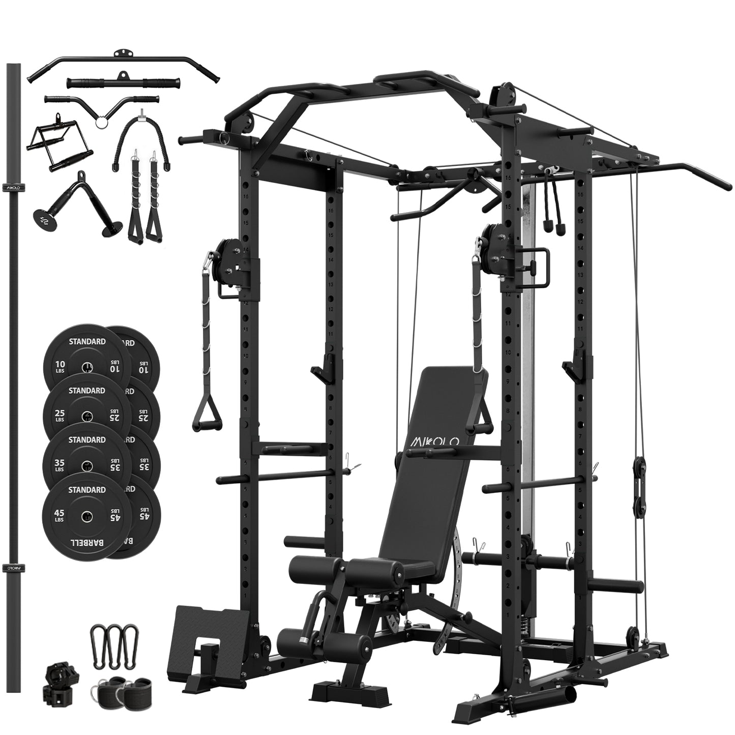 Mikolo Power Rack Cage, 1500LBS Weight Cage with 800LB Capacity Adjustable Weight Bench, 1500LB Capacity Barbell and 230LB Weight Plate set(B230B)