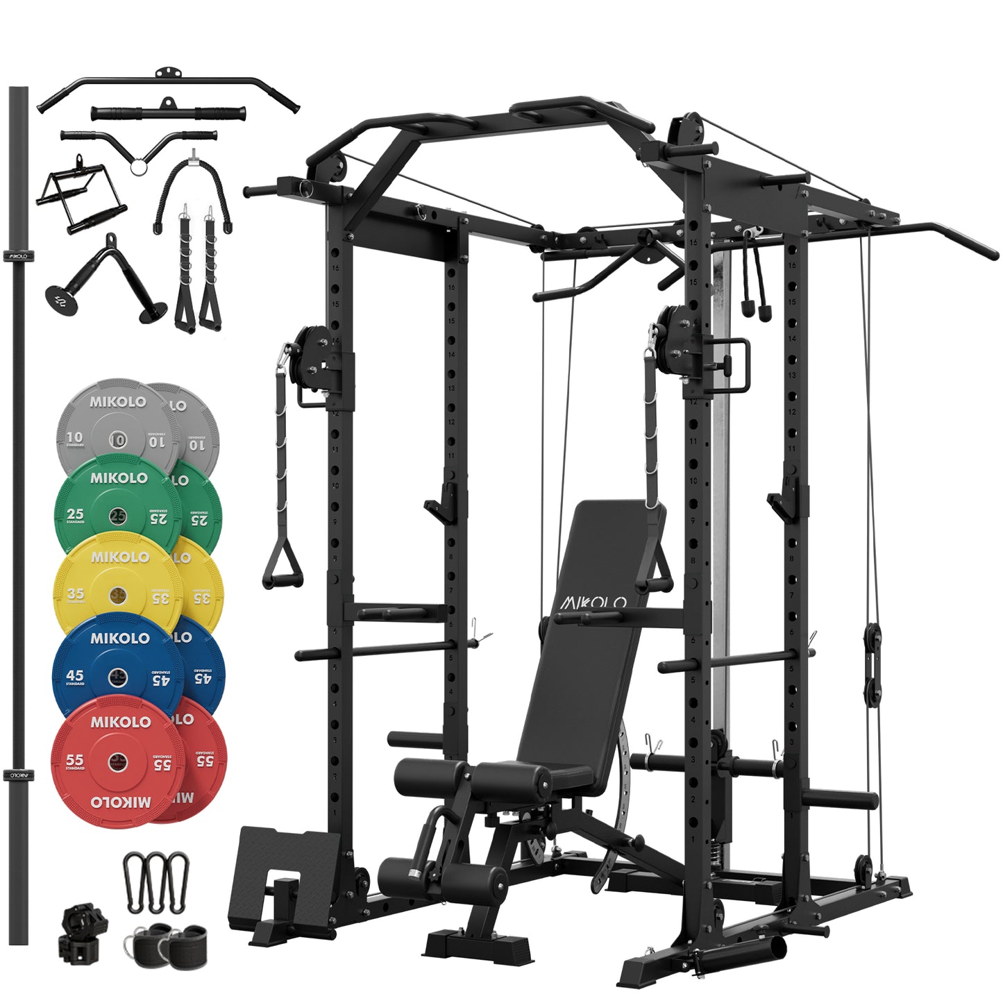 Mikolo Power Rack Cage, Weight Cage with 800LB Capacity Adjustable Weight Bench, 1500LB Capacity Barbell and 340LB Weight Plate set Combo Home Gym Package(B340)