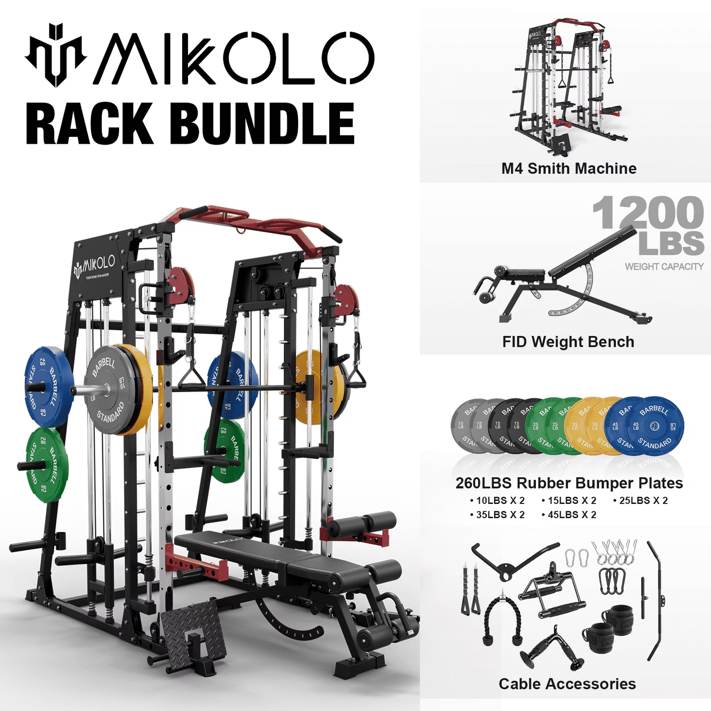 Mikolo Smith Machine Home Gym, 2200 lbs Power Rack Cage with Cable Crossover, Power Rack with 1200LB Capacity Adjustable Weight Bench and 260 lbs Weight Plate, Total Body Strength Training Equipment