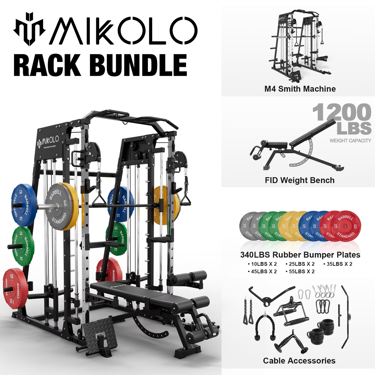 Mikolo Smith Machine Home Gym, 2200 lbs Power Rack Cage with Cable Crossover, Power Rack with 1200LB Capacity Adjustable Weight Bench and 340 lbs Weight Plate, Total Body Strength Training Equipment