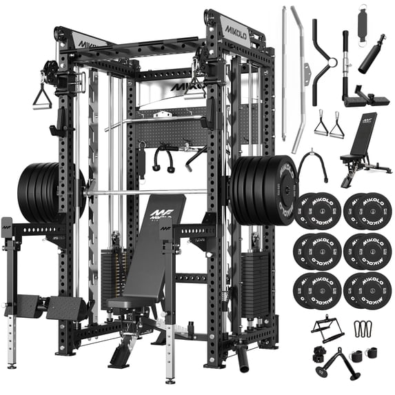 Mikolo Anubis-2.0 Smith Machine with Weight Stack, 3“×3” All-in-One Power Cage with Aluminum Pulley System for Fitness Home Gym and Weight Bench,230LB Weight Plates
