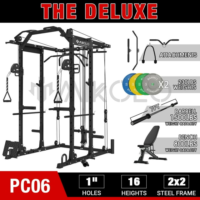 Mikolo Power Cage, Squat Rack with Dual Pulley Cable Crossover System, Multifunction Free Weight Home Gym Workout Machine with Attachments 230LB Plates