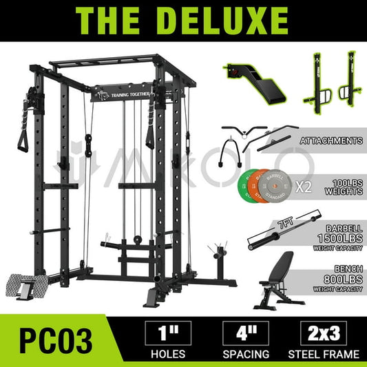 Mikolo Power Rack Cage, 1500LBS Weight Cage with 800LB Capacity Adjustable Weight Bench, 1500LB Capacity Barbell and 100LB Weight Plate set Combo