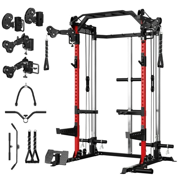 Mikolo Power Rack Cage, Weight Rack with Dual Pulley Cable Crossover Machine,Multi-Function Squat Rack with J Hooks,Dip Bars and Landmine for Home Gym (Black)