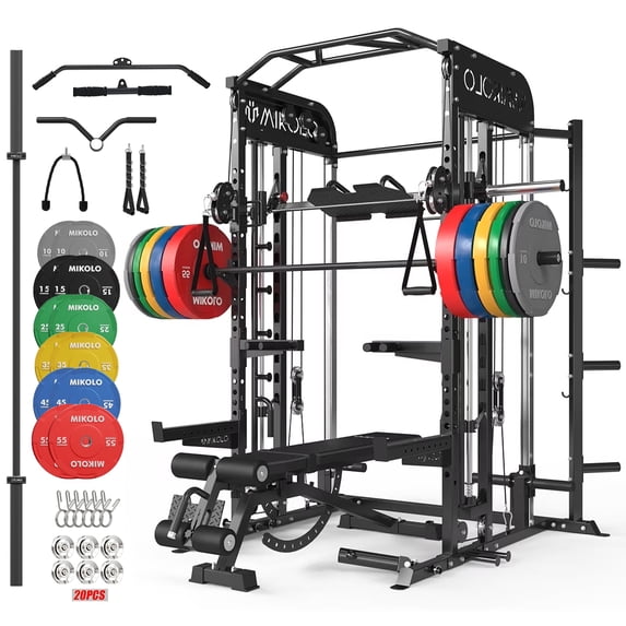 Mikolo All-in-One Power Rack with Smith Machine, Leg Press & Lat Pulldown, 2000LBS Squat Rack Cage for Home Gym, Includes Weight Bench, Barbell and 230LB Colorful Weight Plates