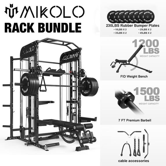 Mikolo Smith Machine, All-in-One Power Rack Cage with Vertical Leg Press, 2000LBS Power Cage Squat Rack with Smith Bar, Dual Pulley Cable Crossover System for Home gym