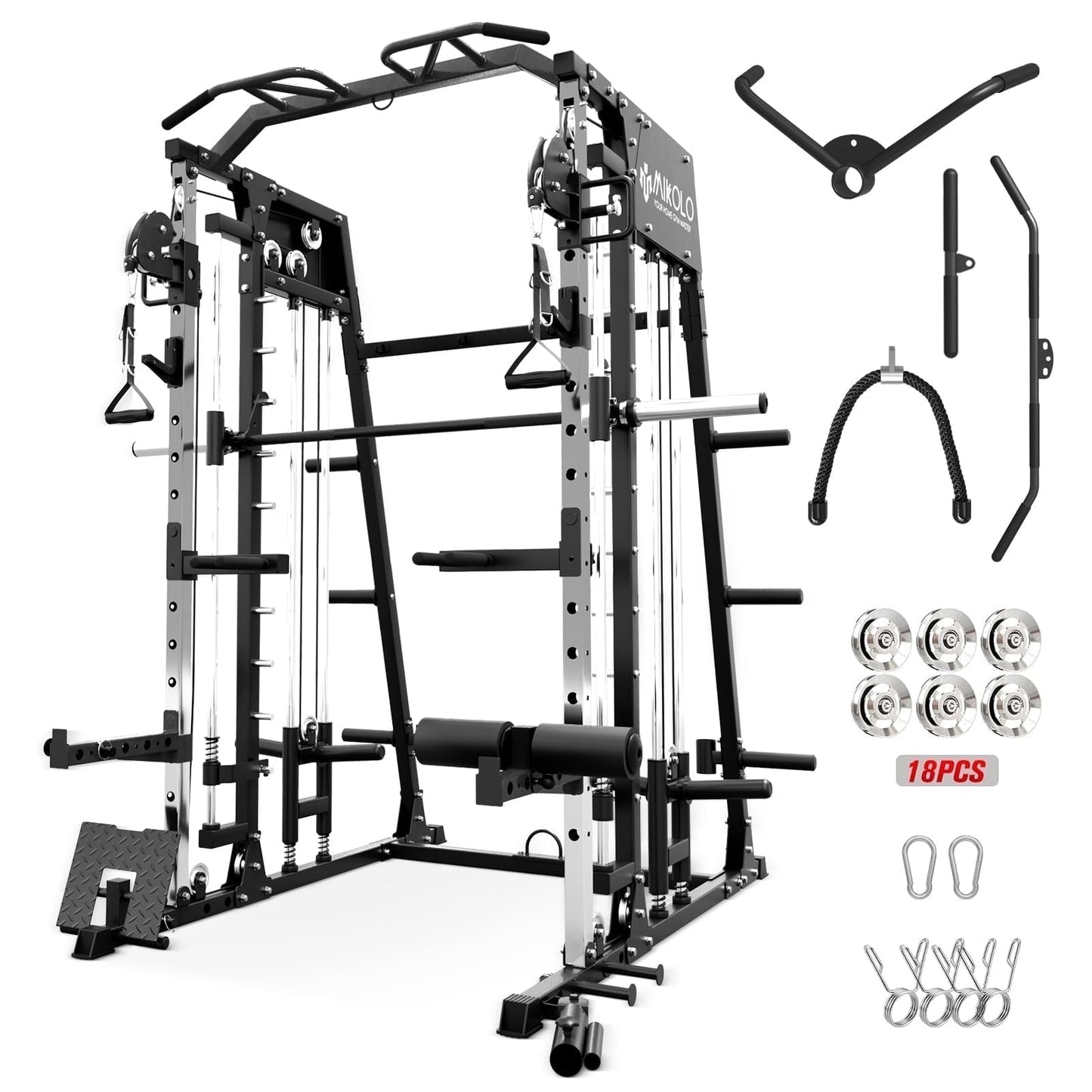 Mikolo Smith Machine with Aluminum Pulley, 2200 lbs Power Rack Cage with Cable Crossover, Weight Bar, 360° Landmine, Barbell Holders and Other Attachments, Total Body Strength Training Cag