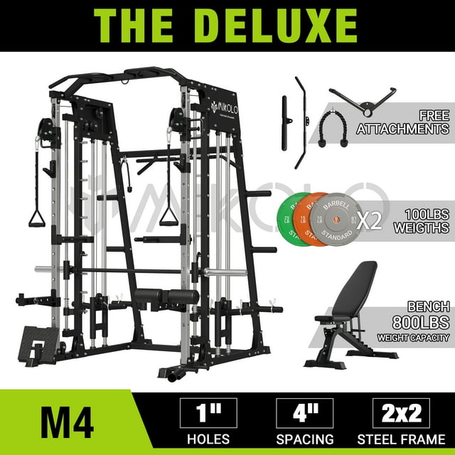 Mikolo Smith Machine Home Gym, 2200 lbs Power Rack Cage with Cable Crossover, Smith Cage with 800LB Capacity Adjustable Weight Bench and 100 lbs Weight Plate, Total Body Strength Training Cage