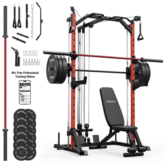 Mikolo Smith Machine Home Gym, 7-in-1 Multi-Function Squat Rack with Cable Crossover, 1000LBS Workout Station with Smith Bar, Barbell, and Weight Bench and 10lb/25lb x2 Weight Plates