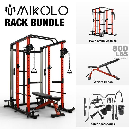 Mikolo Power Rack Cage PC07, 2200 lbs Weight Rack with Cable Crossover Machine,Weight Bench,Multi-Function Squat Rack with J Hooks,Dip Bars and Landmine for Home Gym (Red), Plate Loaded