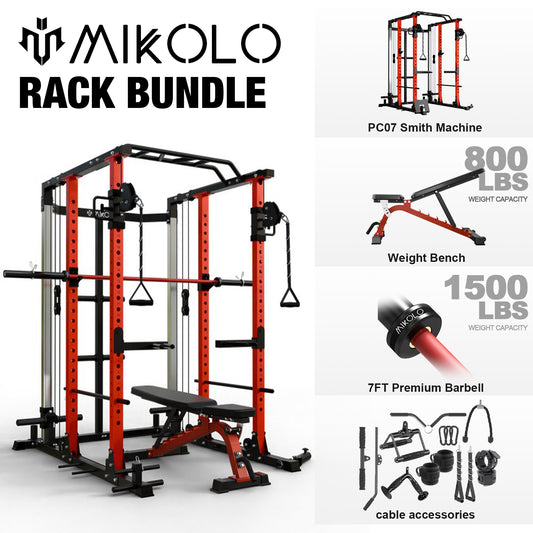 Mikolo Power Rack Cage PC07, Weight Cage with 800LB Capacity Adjustable Weight Bench and 1500LBS Capacity Barbell Combo