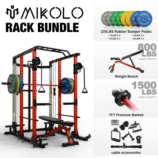 Mikolo Power Rack Cage PC07, Weight Cage with 800LB Capacity Adjustable Weight Bench, 1500LB Capacity Barbell and 230LB Weight Plate set Combo, Home Gym Package