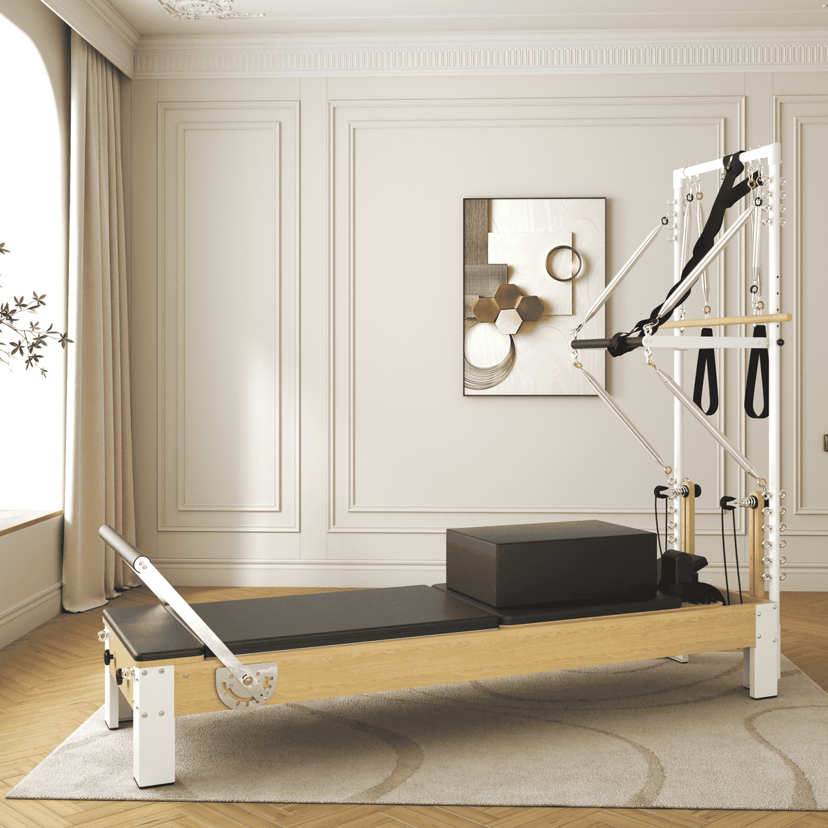 Paeta Pilates Reformer, Wooden Pilates Reformer Machine with Tower & Mat, Pilates Equipment for Home Workout and Studio, with Reformer Accessories, Sitting Box, Jump Board