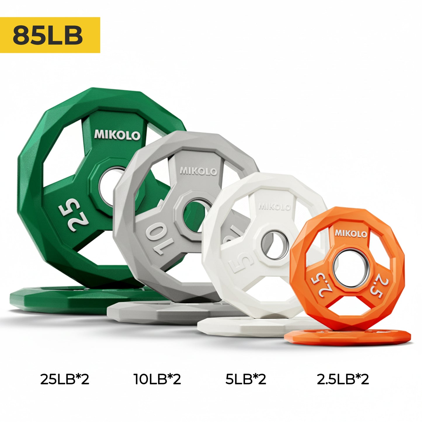 MIKOLO Color Coded Weight Plate 2-Inch Rubber Coated Olympic Grip Plate for Barbell, Solid Cast Iron for Strength Training, Weightlifting, Crossfit, Home Gym, 80LB, 2.5LB/5LB/10LB/25LB, Pair