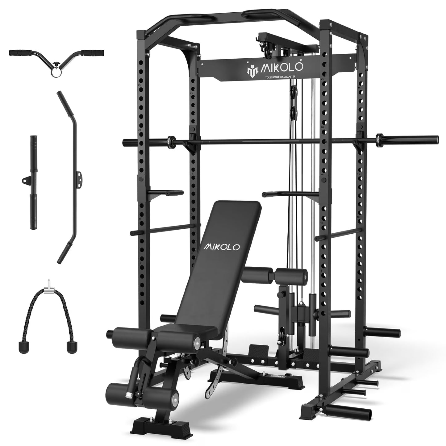 Mikolo Power Rack Cage with LAT Pulldown System,1200 lbs Capacity Power Rack with 1200 lbs Capacity Weight Bench and 1500 lbs Capacity Barbell Combo, Black