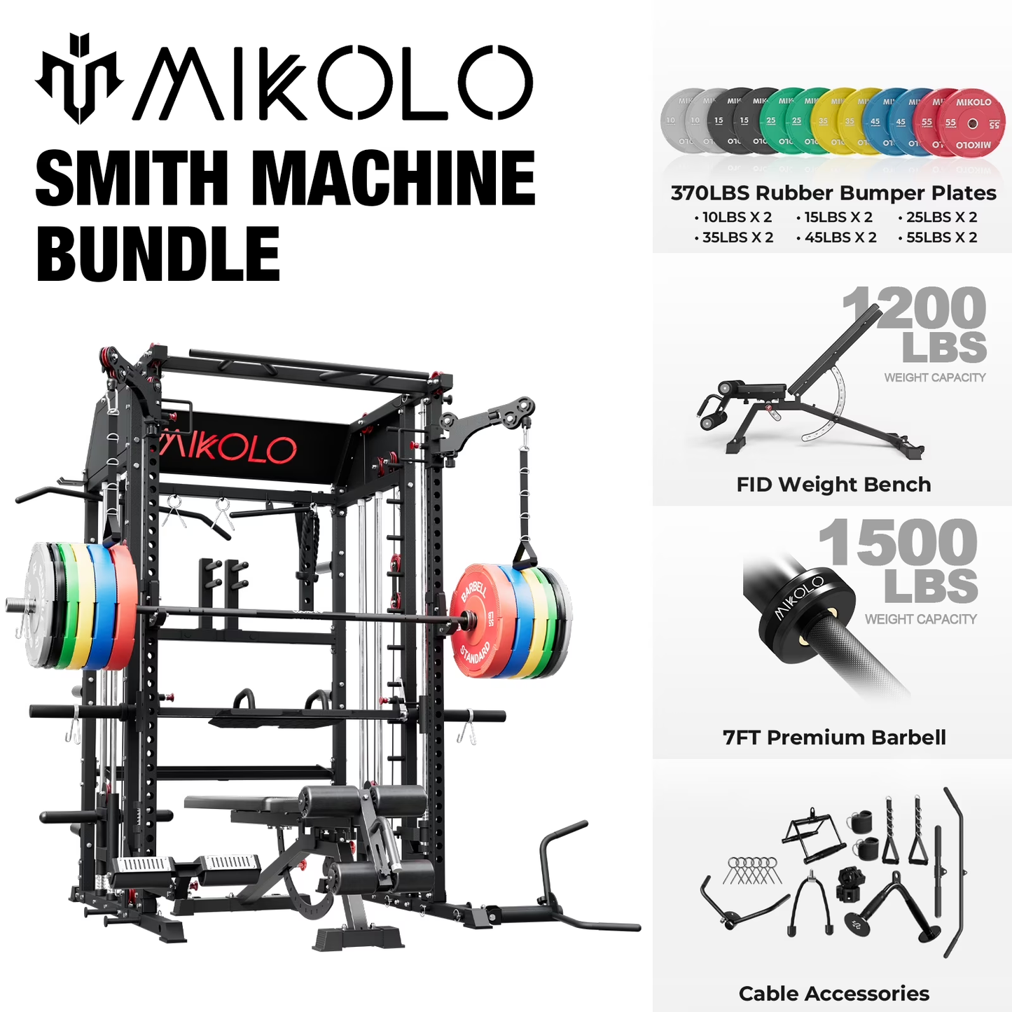 Mikolo Smith Machine Home Gym, All-in-One Power Rack with Smith Cage and Functional Trainer, Squat Rack with 2:1 Dual Pulley Cable System and Extended Forward Reach, Vertical Leg Press