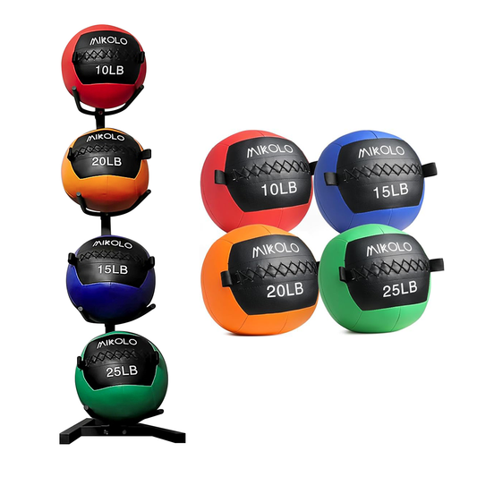 Mikolo Fitness 70LB Wall Ball with Wall Ball Rack, Soft Leather Medicine Ball, 10+15+20+25LB Weighted Wall Ball with Non-Slip Grip, Full Body Dynamic Exercise Med Ball, Core Fitness Strength Training