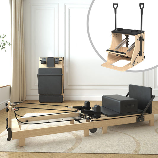 Syedee Pilates Reformer Machine, Wood Pilates Machine Bed Yoga Exercise Strength Training Equipment with Pilates Chair for Home Workout