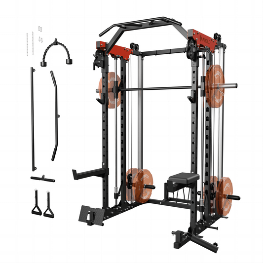 Mikolo Smith Machine, 2000LBS Power Cage Squat Rack with Smith Bar, Two LAT Pull-Down Systems, Cable Crossover Machine and More Cable Attachment for Home Gym