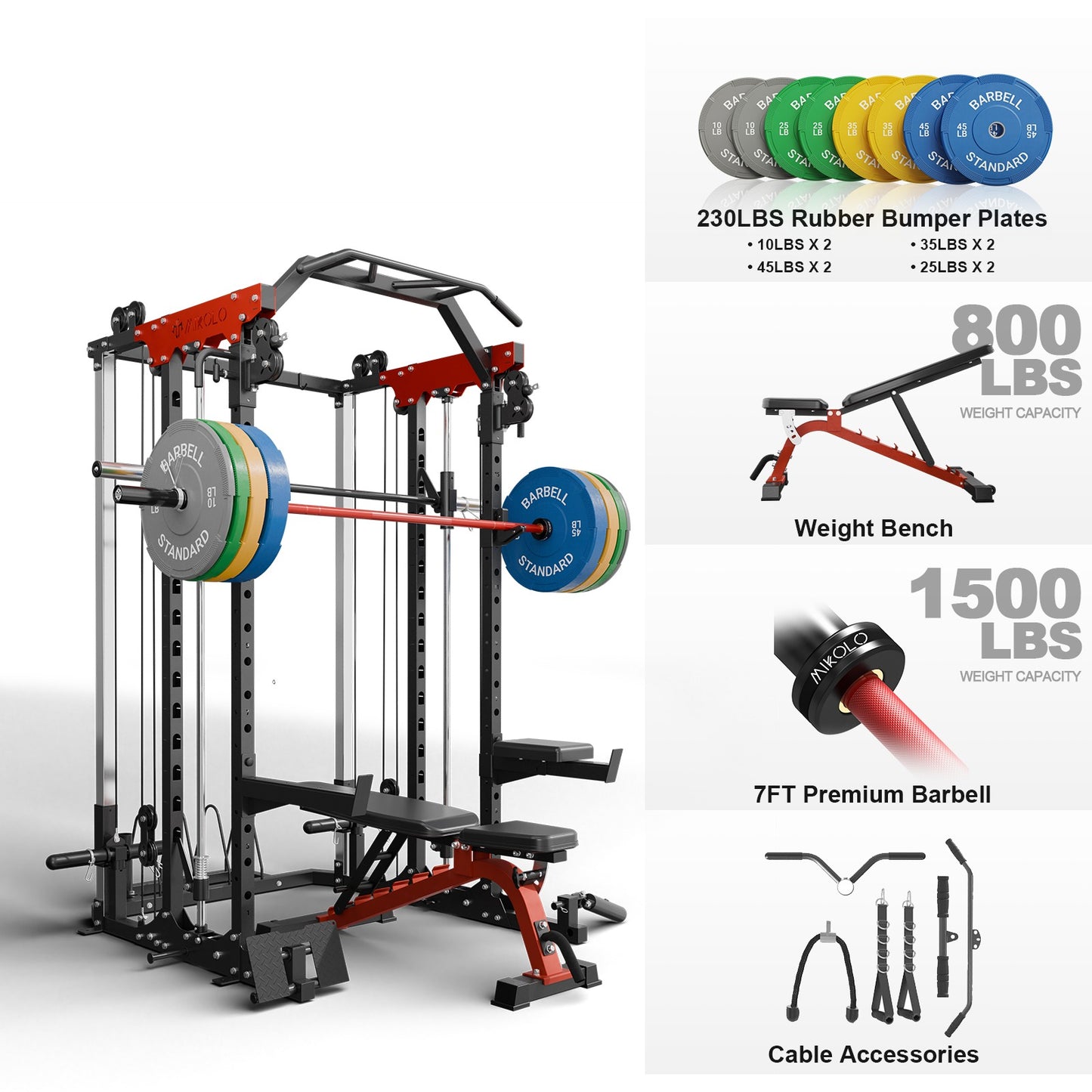 Mikolo Smith Machine, 2000LBS Power Cage Squat Rack with Smith Bar, Two LAT Pull-Down Systems, Cable Crossover Machine and More Cable Attachment for Home Gym