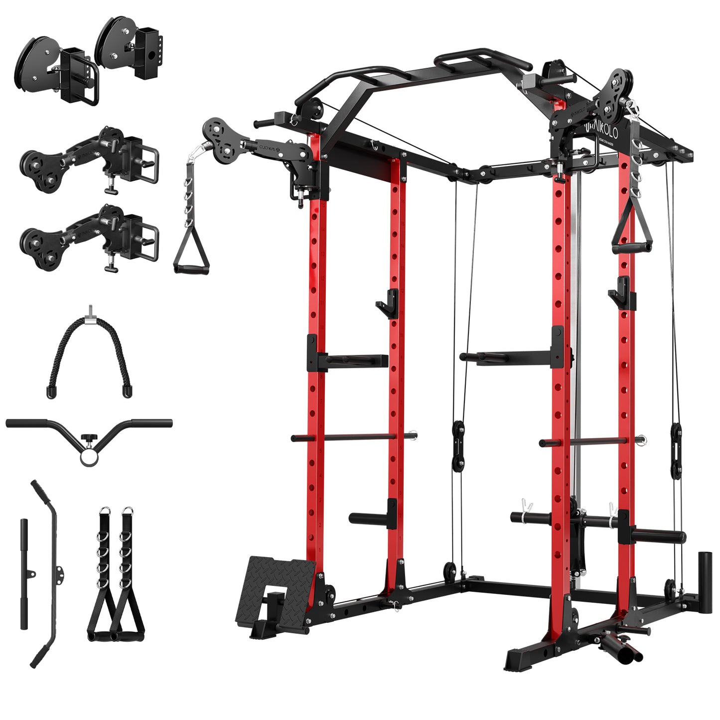 Mikolo Power Rack Cage, 1500 lbs Weight Rack with Cable Crossover Machine, Multi-Function Squat Rack with J Hooks, Dip Bars and Landmine for Home Gym (Red) Functional Trainer Arm